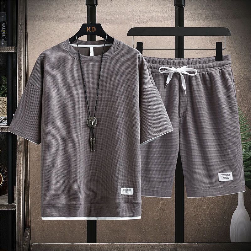 남성용 편안한 캐주얼 반팔 티셔츠, 편안한 통기성 투피스 세트, 단색 라지 사이즈, 2024 여름 신상 패션