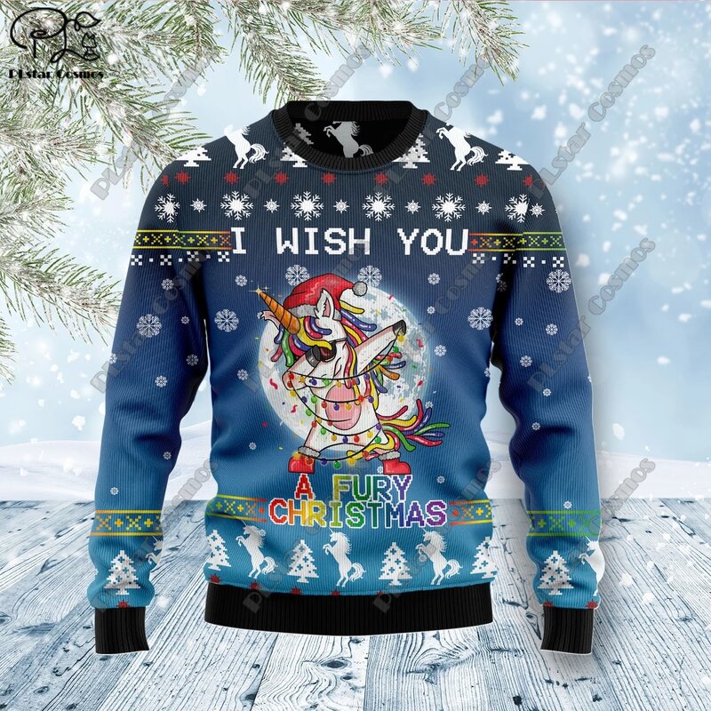 New 3D printed Christmas elements Christmas tree Santa Claus pattern art print ugly sweater street casual winter sweater S-17