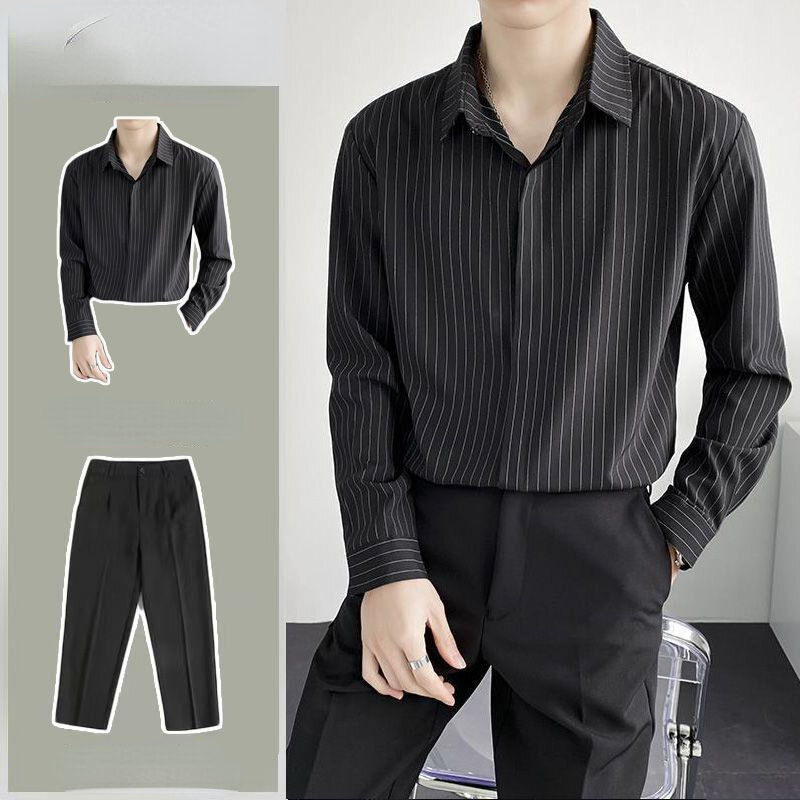 2023 Fashion Men Sets Contrast Color Lapel Stripe Long Sleeve Shirt Straight Pants 2 PCS Streetwear Korean Men Casual Suits D100