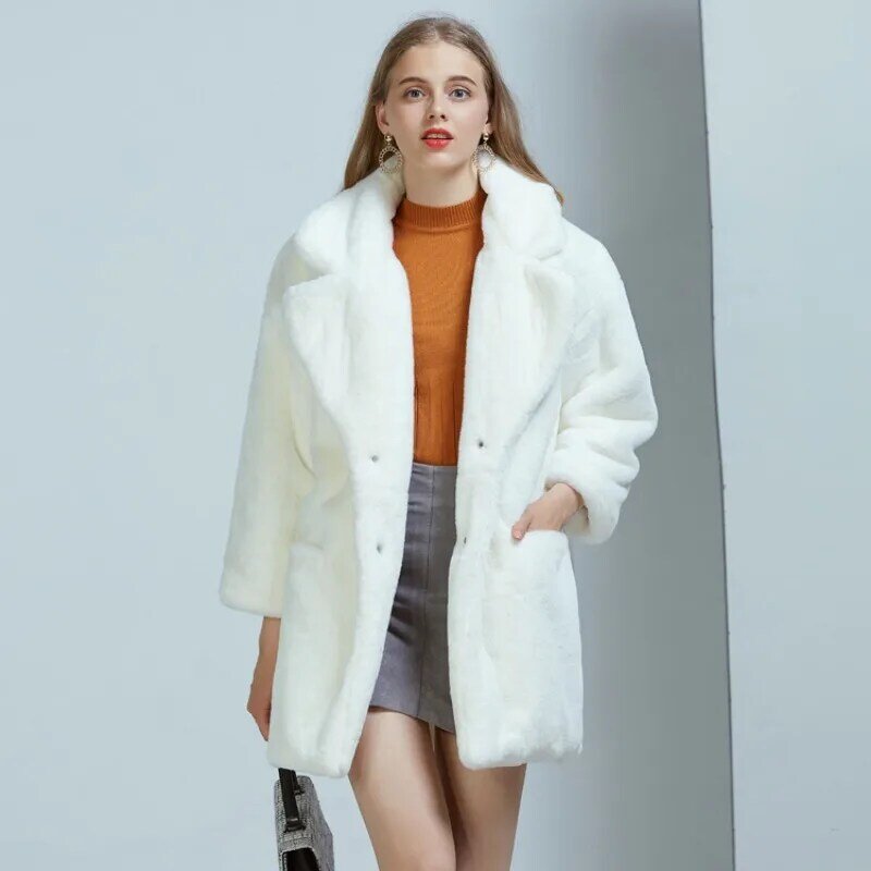 2023 zimowe nowe płaszcz ze sztucznego futra z królika damskie imitujące futro średniej długości modne luźna odzież zagęścić ciepłe parki w jednolitym kolorze