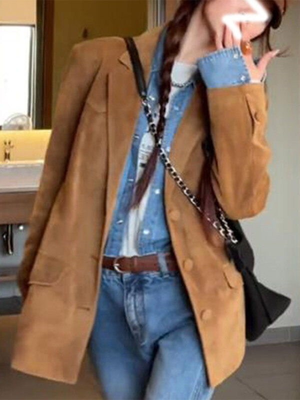 Женский офисный Блейзер, модная коричневая однобортная замшевая куртка с длинным рукавом и отложным воротником, верхняя одежда, осень 2023