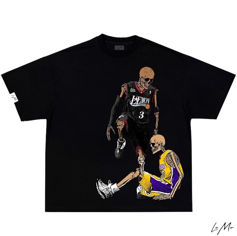 American Trend Retro Skull Basketball Sports t-shirt a maniche corte stampata da uomo Y2k Harajuku Fashion t-shirt oversize allentata