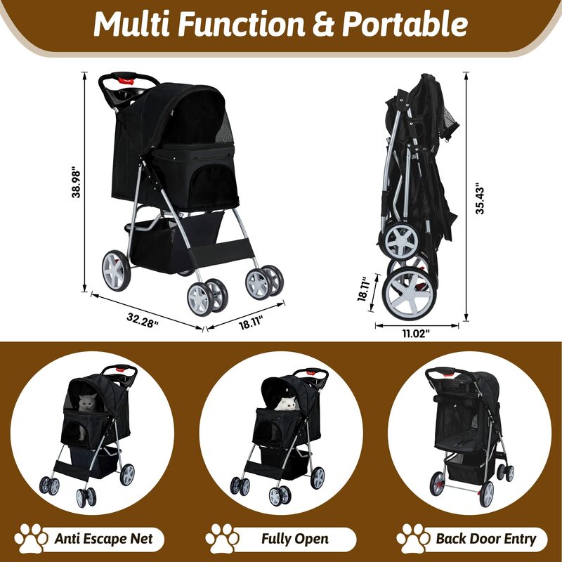 Czarny składany wózek dla psa kota na 4 koła dla średnio/małych zwierząt, wózek do joggera