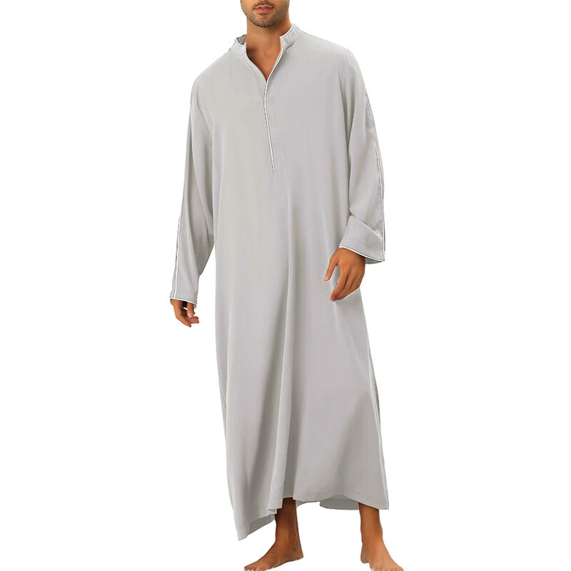 Bata musulmana de manga larga para hombre, Tops de poliéster Regular, Color sólido, cuello redondo, longitud completa diaria, alta calidad