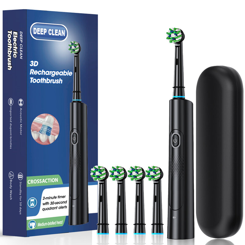 Cepillo de dientes eléctrico giratorio para adultos, dispositivo de limpieza profunda con 4 cabezales, potencia recargable y temporizador inteligente de 2 minutos, color blanco y negro