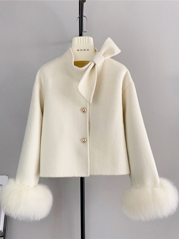 Mantel manset bulu rubah alami asli musim dingin baru 2024 mantel wanita pakaian luar mantel wanita kasmir wol jaket mewah wanita