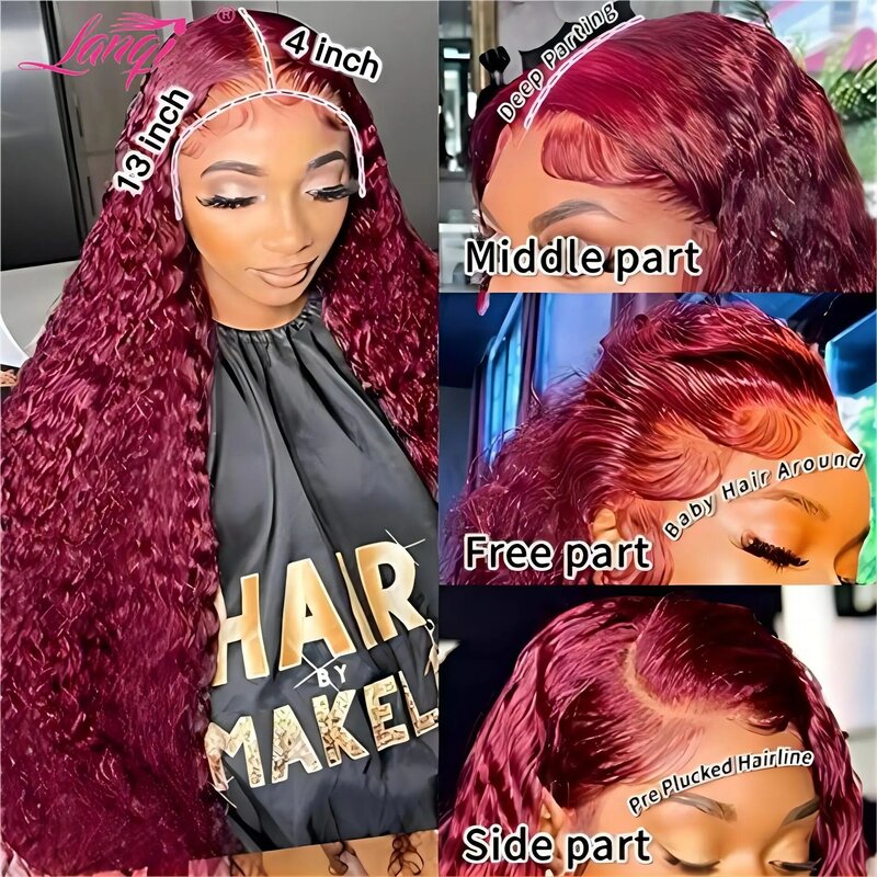 Borgonha Encaracolado Frontal Lace Wig, cabelo humano onda profunda vermelho, transparente, Remy, 13x4