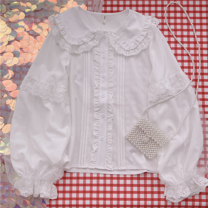 Camicia Lolita camicette bianche eleganti da donna stile Preppy Cute Peter Pan Collar Ruffle in pizzo JK camicie ragazze manica lunga Blusas Mujer