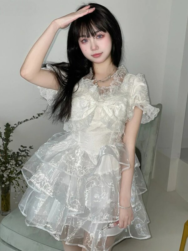 Summer Sweet Lolita Fluffy Dress Women Kawaii Japanese Lace Bow Ruffles Princess Party Super Mini Dresses Girls Mesh Vestidos