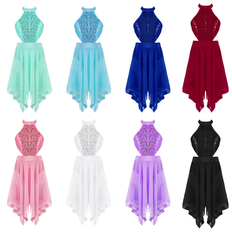어린이 소녀 스팽글 발레 드레스, 체조 레오타드, 십대 서정적 댄스웨어, 현대 무용 의상, 볼룸 드레스