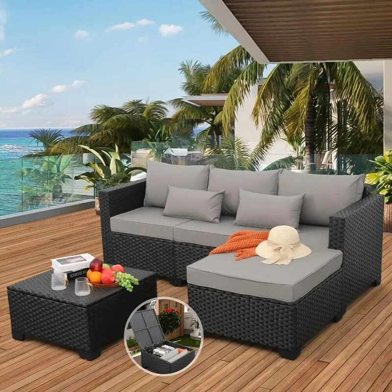 Set di mobili da giardino da 3 pezzi divano da giardino componibile in vimini per esterni con pouf e tavolo portaoggetti per esterni