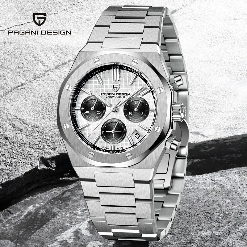 PAGANI DESIGN 남성용 쿼츠 시계, 비즈니스 럭셔리 사파이어 시계, 일본 VK63 스테인리스 스틸 크로노그래프, 2023 탑 브랜드
