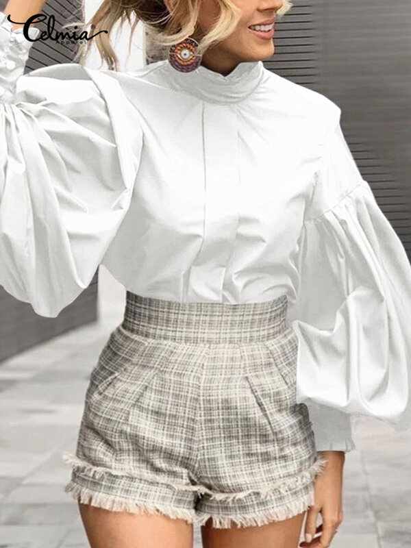 Celmia camicie e camicette per donna moda 2024 viola top elegante manica lanterna Chic Blusa autunno abbigliamento elegante oversize