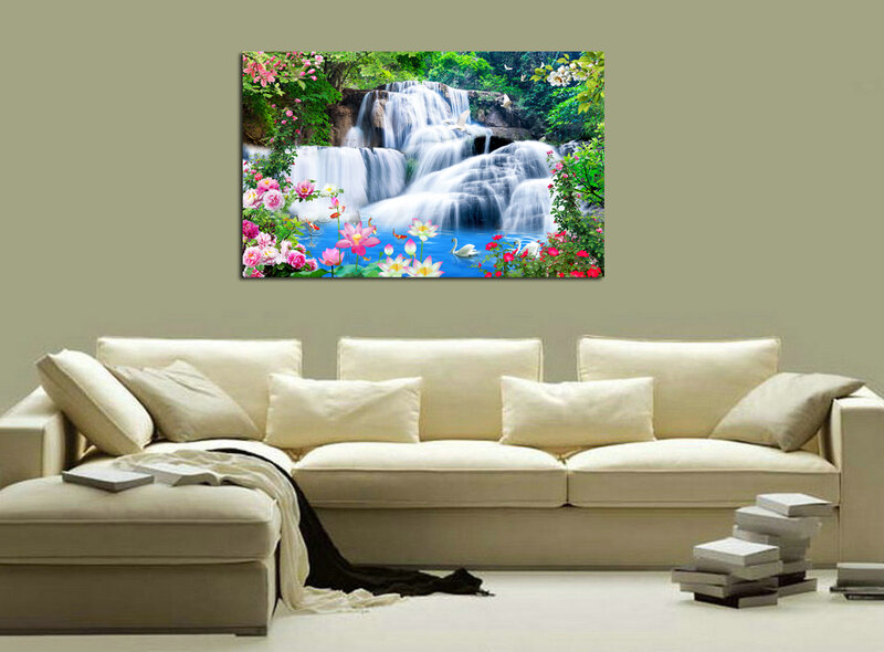 Wall Art HD Canvas Print Painting Waterfall Landscape Nature Flowers Picture Living Room Home Decor HYS2020