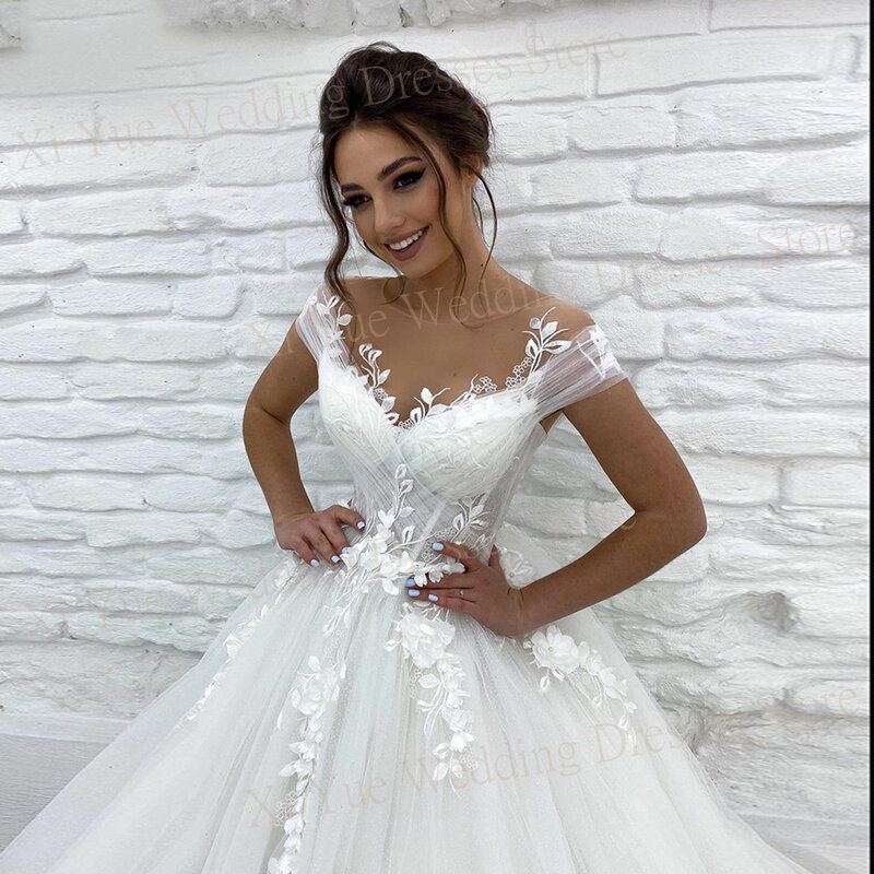 Boho Charming Princess A Line Wedding Dresses Sexy Off The Shoulder Lace Appliques Bride Gowns Button Back Illusion Custom Made