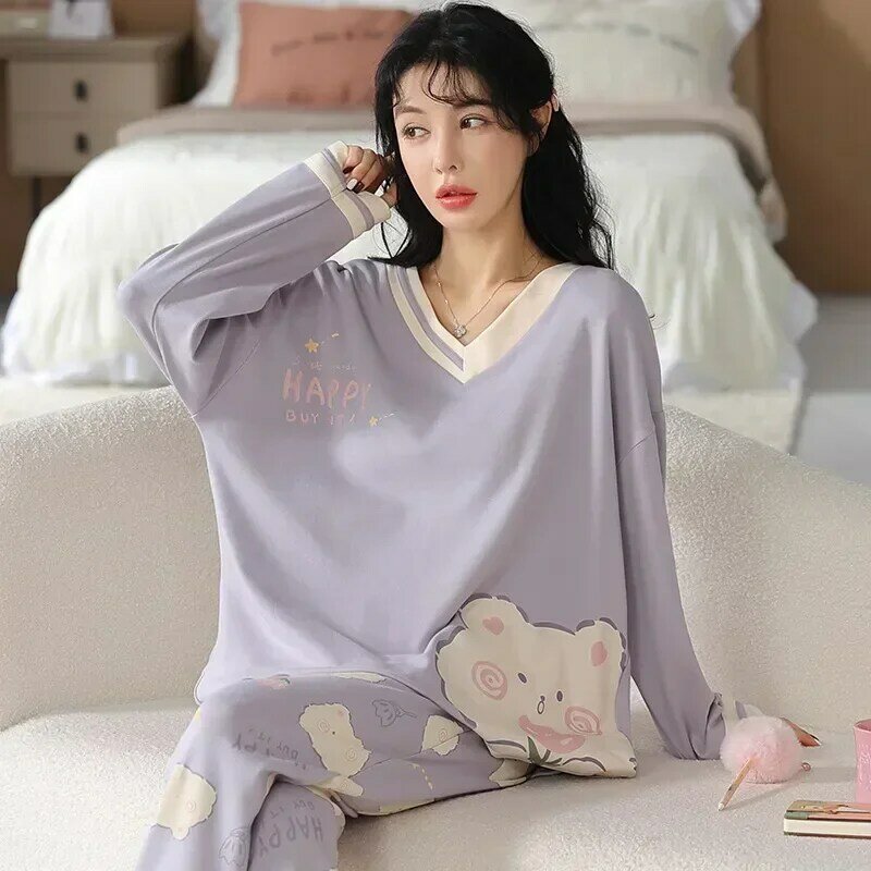 Winter Sleeve Autumn Sweet Long Home Pure Wear Women Suit Pajamas Cotton Cartoon Can Set And Spring