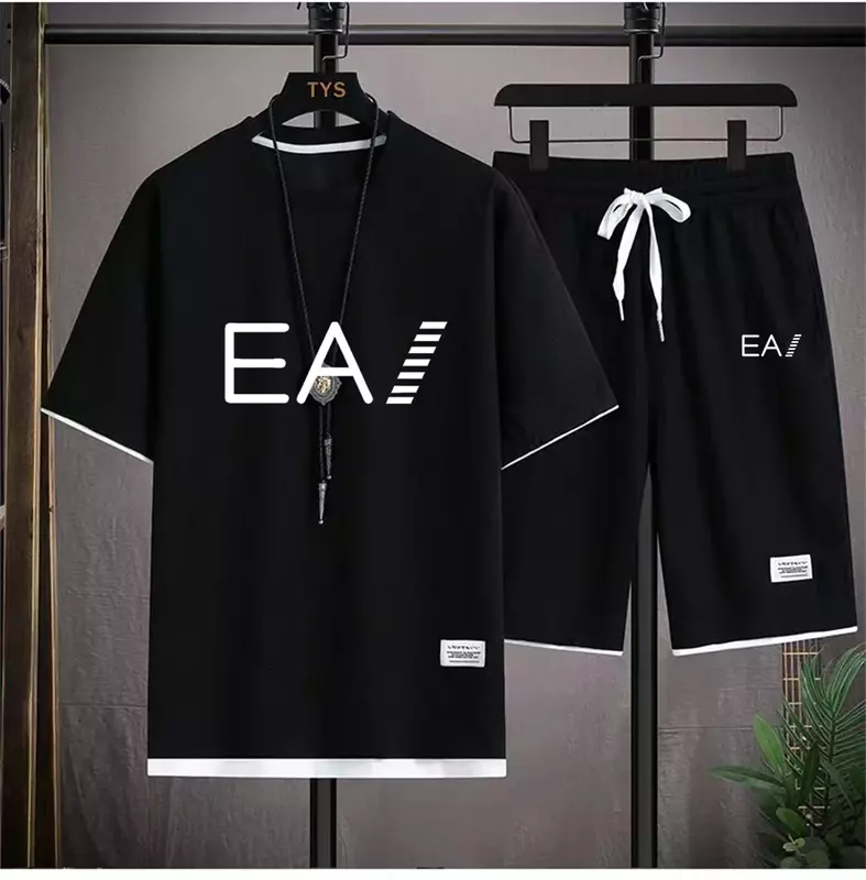 Men's new summer breathable waffle set, crew-neck short-sleeved + shorts 2-piece set printed with letters EA1