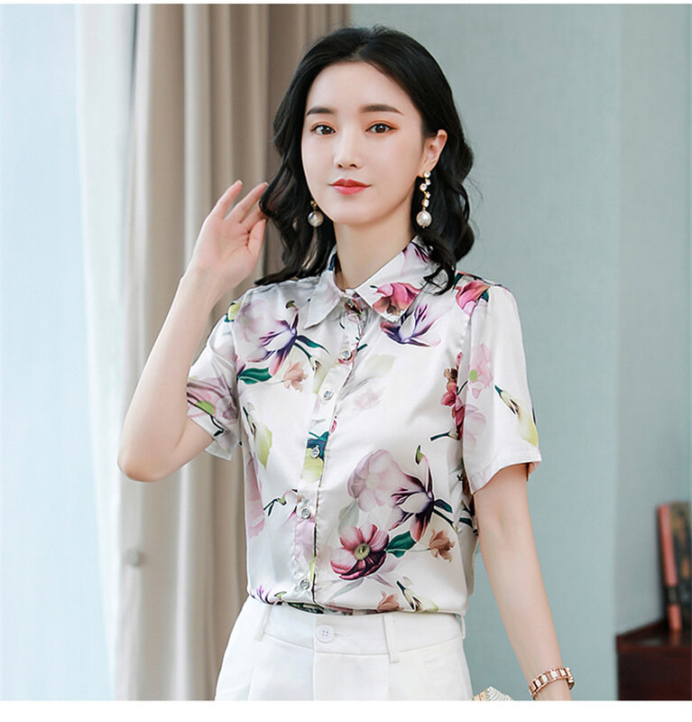 FANIECES Casual Short Sleeve Print T Shirts Women Oversize S-4XL Satin Office Lady Blouses and Tops Vintage Streetwear Tunic Tee