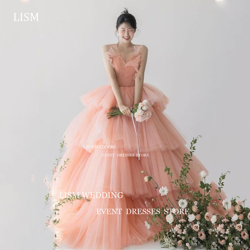 LISM 블러쉬 핑크 한국 이브닝 드레스, 2024 사진 촬영, 요정 얇은 명주 그물 드레이프, 결혼식 공식 행사 가운, 민소매 신부 원피스