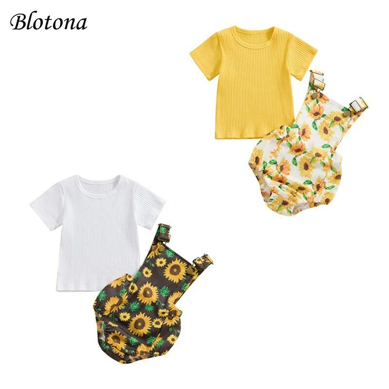 Blotona Baby Girl 2 Piece Summer Set, Short Sleeve Ribbed Tops Sunflower Print Adjustable Overalls Toddler Outfits 0-24M