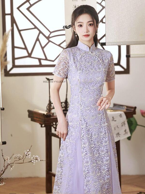 Chiński Cheongsam Vestido Party Cheongsam Vintage damskie wesele Qipao suknia wieczorowa fioletowa koronka orientalne sukienka w stylu Qipao