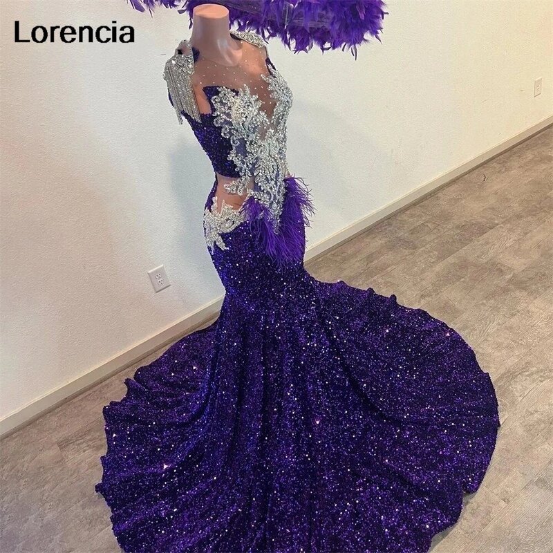 Lorencia-Sparkly roxo lantejoulas sereia vestido de baile para meninas negras, vestidos de cristal frisados, festa formal, YPD77