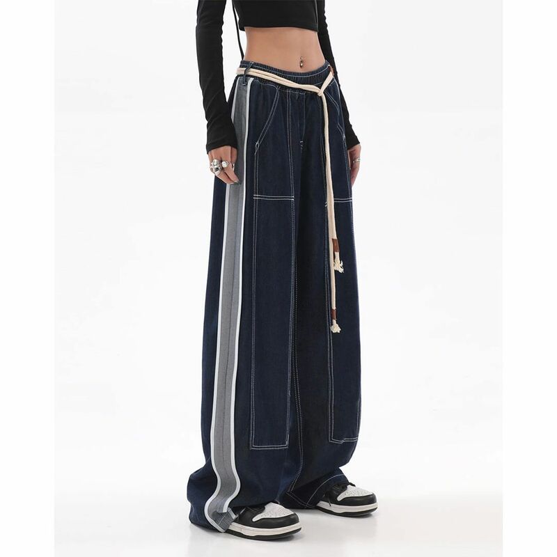 Americano high street reta jeans feminino outono vintage design sentido emendado cintura alta mop calças largas perna na moda ins