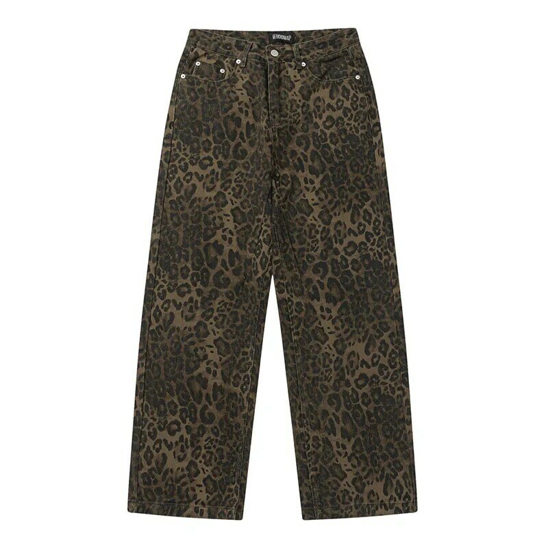 Hip Hop Vintage Baggy Jeans Pants Men Harakuju Vintage Leopard Denim Trousers Hi Street