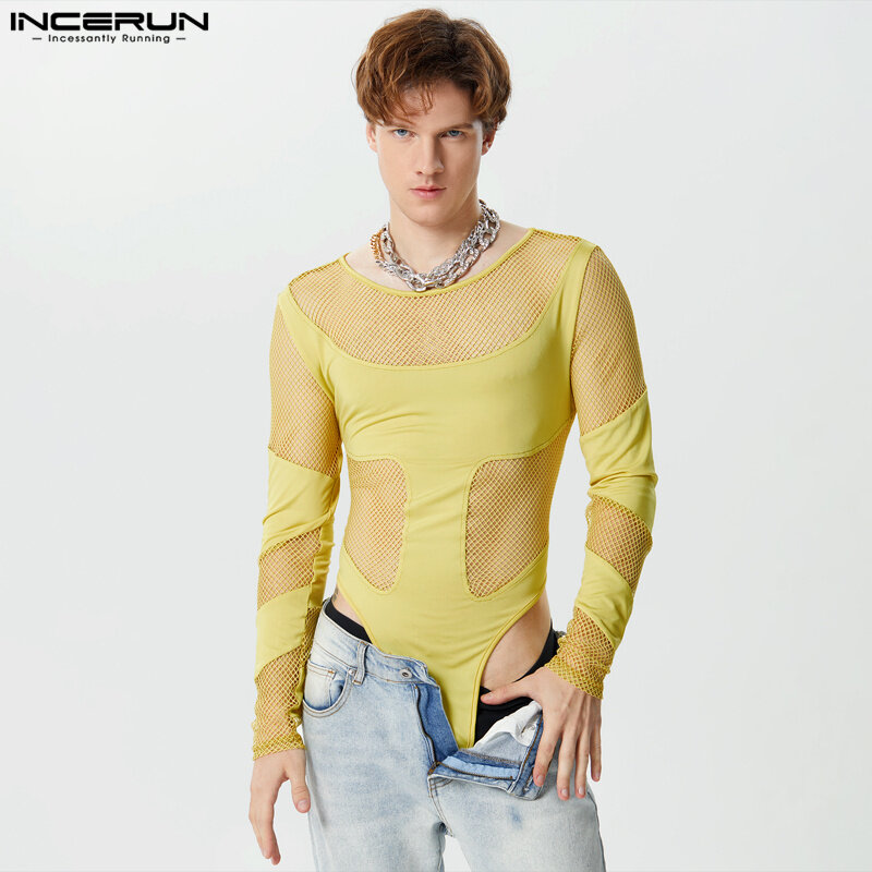 INCERUN 2024 Sexy Mens Rompers See-through Mesh Spliced Triangle Bodysuits Fashion Comfortable Thin Long Sleeved Jumpsuits S-3XL