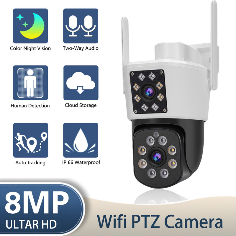Câmera IP PTZ inteligente com lente dupla, visão noturna colorida ao ar livre, rastreamento automático AI, câmera de vigilância CCTV sem fio, tela dupla, 8MP, 4K