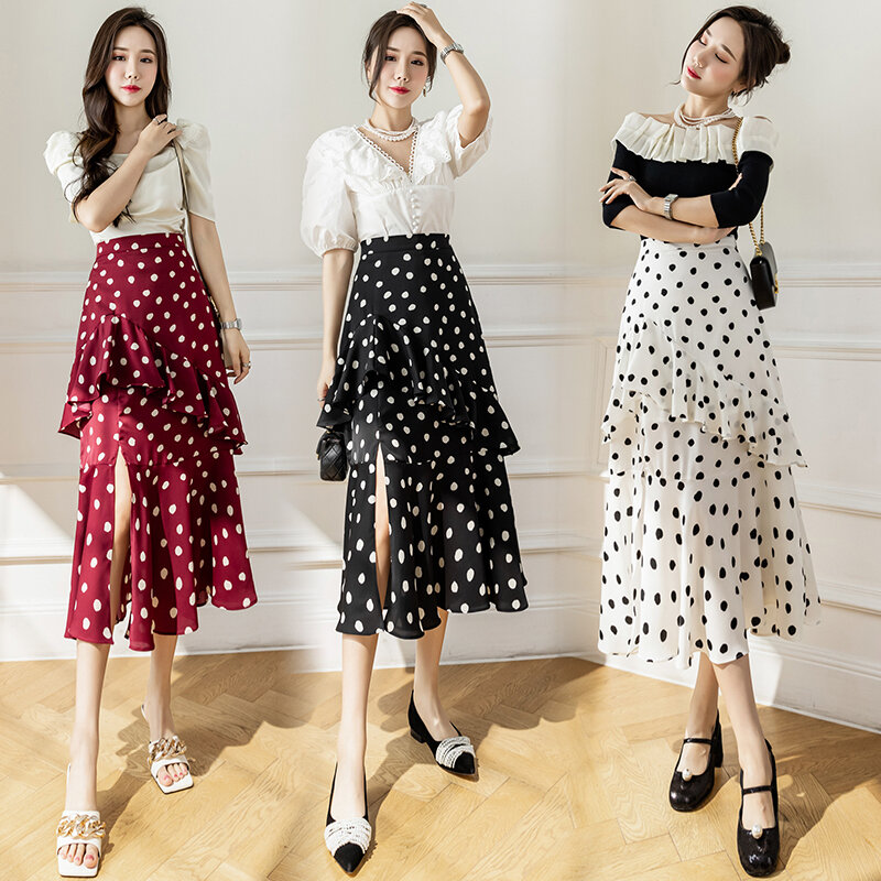 Wisher & tong elegante saias femininas de cintura alta chiffon babados polka dot saia coreano moda midi saias femininas verão 2022
