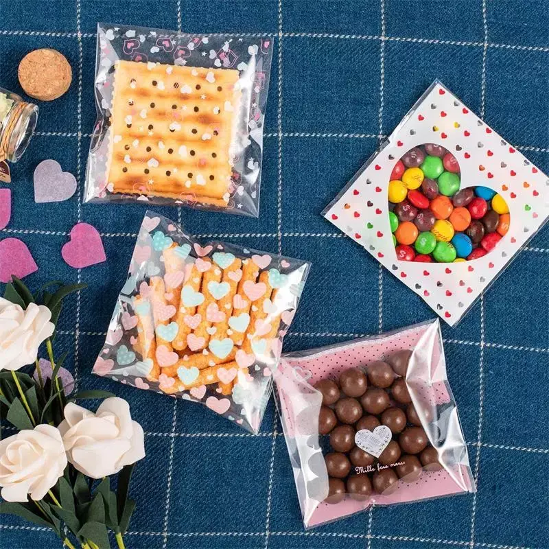 캔디 쿠키 쥬얼리 포장용 셀로판 트리트 백, 자체 접착, 선물 소기업 재료 용품, 100 개, 7x7 cm, 10x10cm