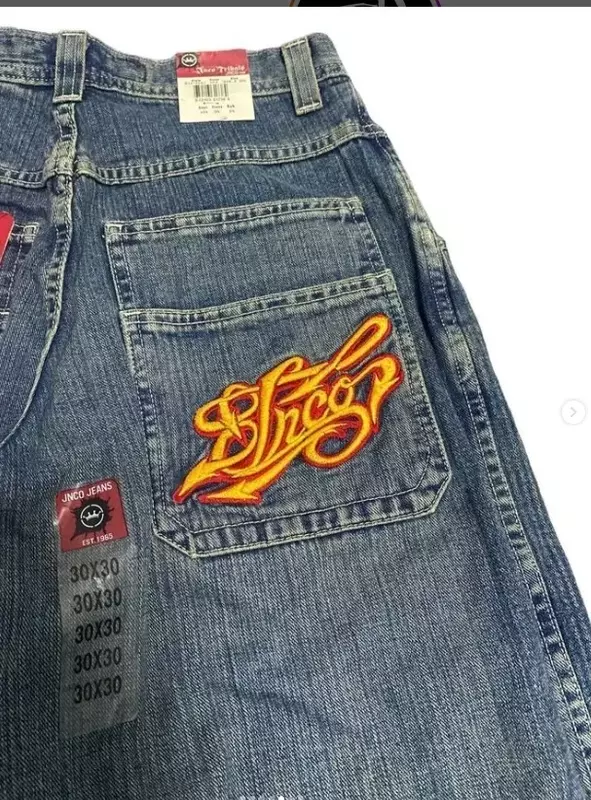 JNCO Jeans New Y2K Harajuku Hip Hop Letter Embroidered Vintage Baggy Jeans Denim Pants Mens Womens Goth High Waist Wide Trousers