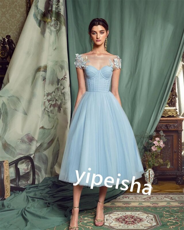 Tulle Flower Pleat Birthday A-line Off-the-shoulder Bespoke Occasion Gown Midi Dresses