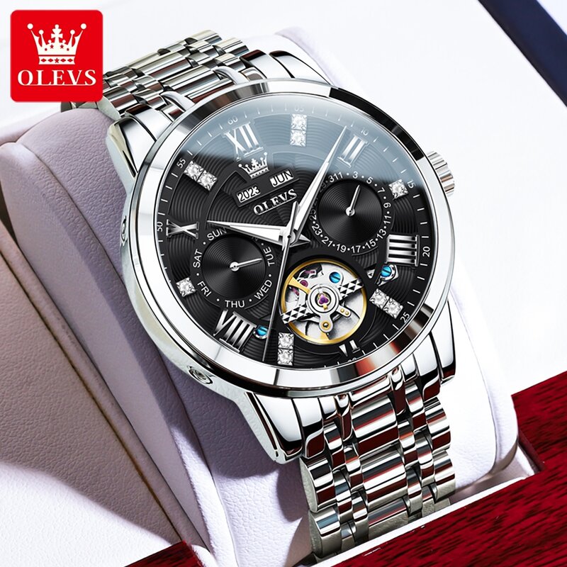 OLEVS Brand New luksusowy zegarek mechaniczny z tourbillonem dla mężczyzn pasek ze stali nierdzewnej wodoodporny kalendarz tygodniowy modne zegarki męskie