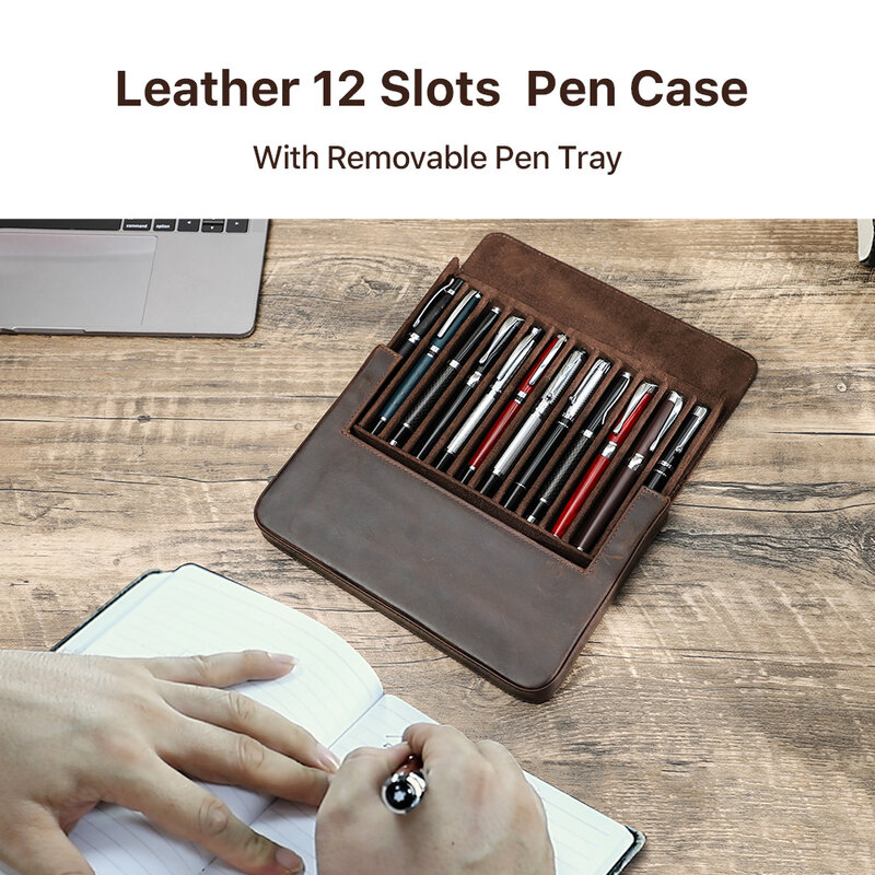 Luxury Crazy Horse Leather 12 Slots Pen Case with Removable Pen Tray Office Adult School Student Stationery Pen Box Handmade