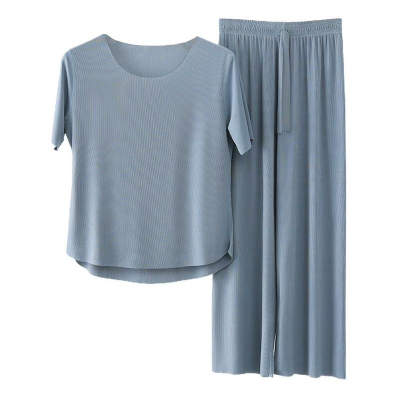 Breathable Pajamas Set Soft Breathable Women's Seamless Ice Silk Pajama Set with Wide Leg Pants Elastic Waist for Comfortable
