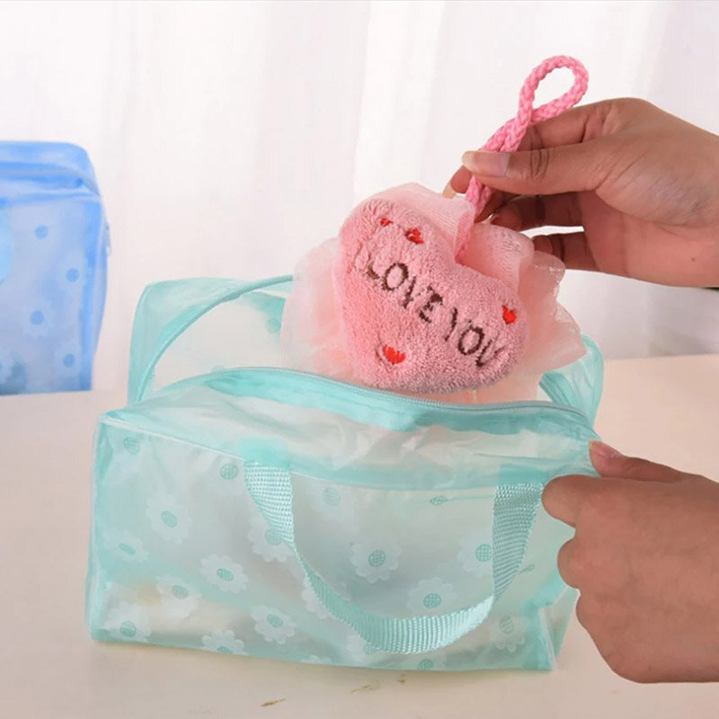 กันน้ำ PVC กระเป๋าใส่เครื่องสำอางค์สำหรับผู้หญิงดอกไม้โปร่งใสล้างกระเป๋า Creative Home Outing บีบอัด Shower Bag