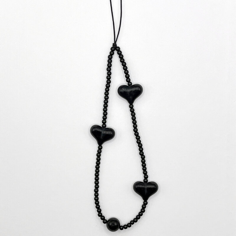 حبل سلسلة مطرز للهاتف المحمول ، حزام سحر القلب الأسود ، لون خالص ، مجوهرات أكريليك Y2K ، أزياء كورية