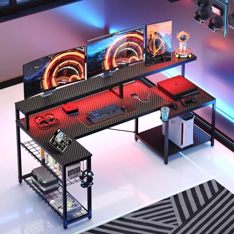 게임 테이블, 긴 디스플레이 스탠드가 있는 71.5 LED 컴퓨터 테이블, 대형 L자형 보관 랙, 컵 거치대 헤드폰 후크, 컴퓨터 테이블