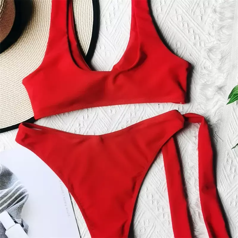 Bikini rosso Top costume da bagno annodato fasciatura perizoma costumi da bagno brasiliano Tankini Beach Outfit due pezzi donna costume da bagno Bikini set
