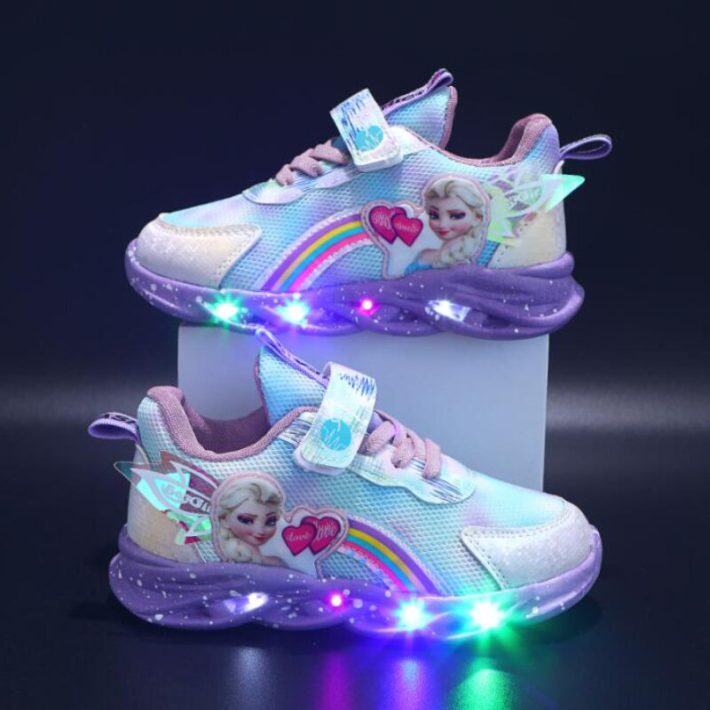 Disney LED Sneakers Kasual Pink Ungu untuk Musim Semi Anak Perempuan Frozen Elsa Putri Cetak Sepatu Luar Ruangan Anak-anak Berlampu Sepatu Antiselip