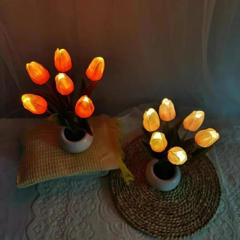 Lampu malam kecil Tulip LED, lampu meja samping tempat tidur, dekorasi kamar tidur, lampu suasana, hadiah untuk anak perempuan Teman