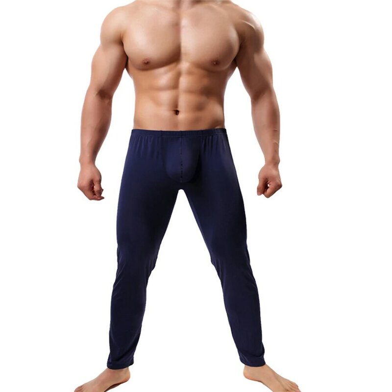 Men Autumn Sleep Bottoms Ice Silk Tight Leggings Thin Elasticity Long Johns Fitness Sport Pants Casual Solid Comfort Homewear