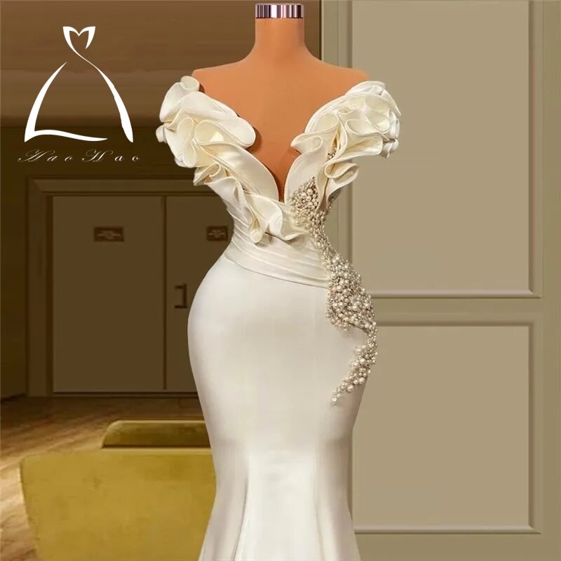 Haohao-Pérolas Sereia Vestidos De Noiva, Fora Do Ombro, Elegante Cetim De Marfim, Ruffles Vestidos De Noiva, Noiva Do País Boho Vintage
