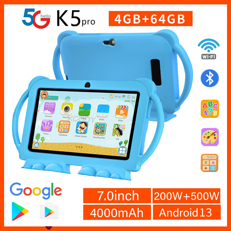K5 Android 9.0 Quad Core Tablet para crianças, aprendendo 2GB, 32GB, Quad Core, WiFi 5 com suporte, novo, 7 ", Android 9.0, 1024x800 IPS, 4000mAh, 2022