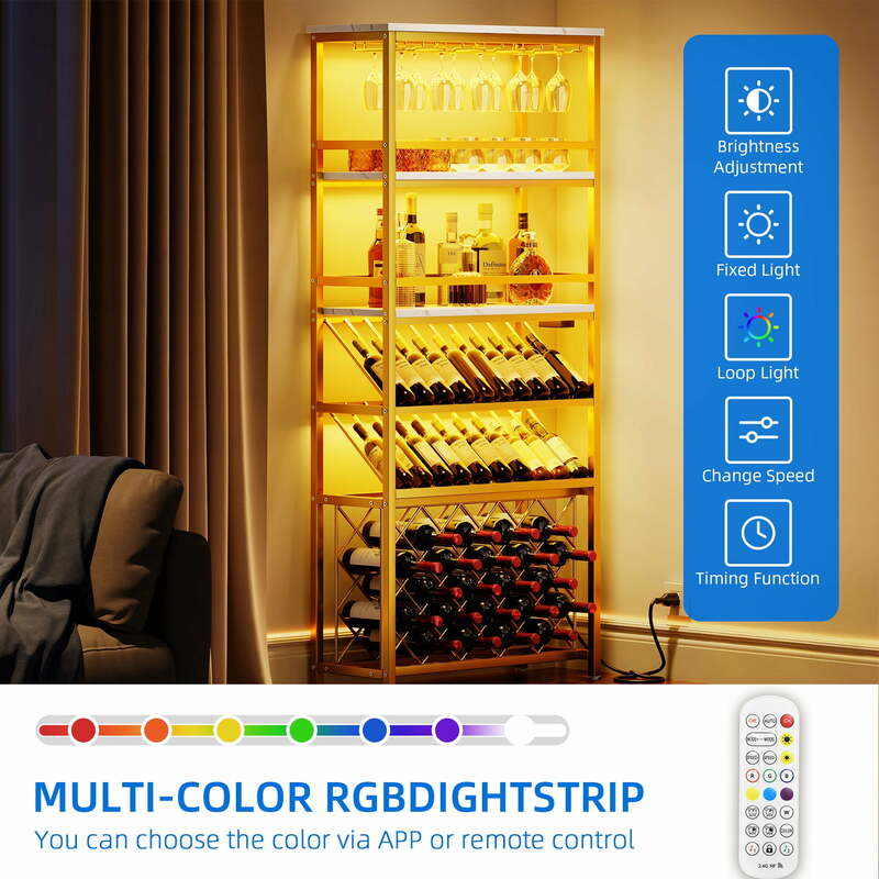 ตู้เก็บไวน์สูง5ชั้น71 "พร้อมไฟ LED ตู้สุราอุตสาหกรรมพร้อมที่วางแก้วชั้นวางขาตั้งขวดไวน์อิสระสีทอง