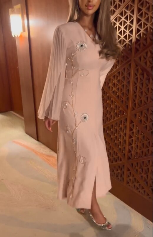 Oisslec koraliki suknie balowe dekolt z dekoltem w szpic w stylu FlowerParty rozszerzone rękawy z przodu z rozcięciem do kostek eleganckie suknie wieczorowe