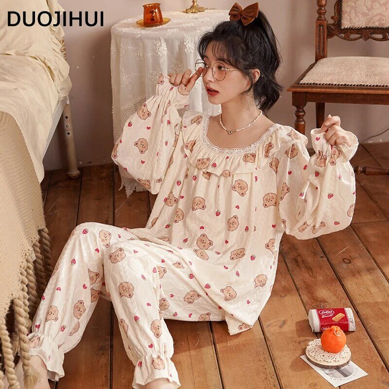 DUOJIHUI Sweet Chic Print Casual Home Women's Pajamas Set Autumn New Simple Long Sleeve Top Loose Pant Fashion Female Sleepwear