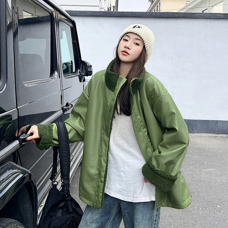 Seiten tragen Frauen Parkas koreanische Mode Double Share Lamm wolle Winter locker lässig täglich kurze Paare Pu Leder Baumwoll jacke